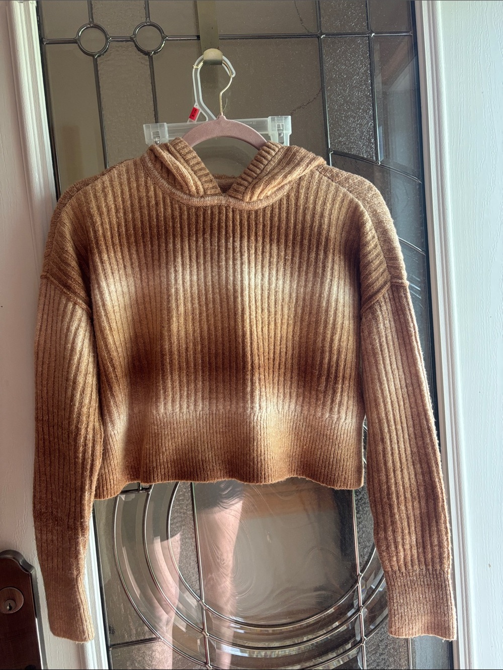 Cropped Ribbed Hoodie Sweater in Brown